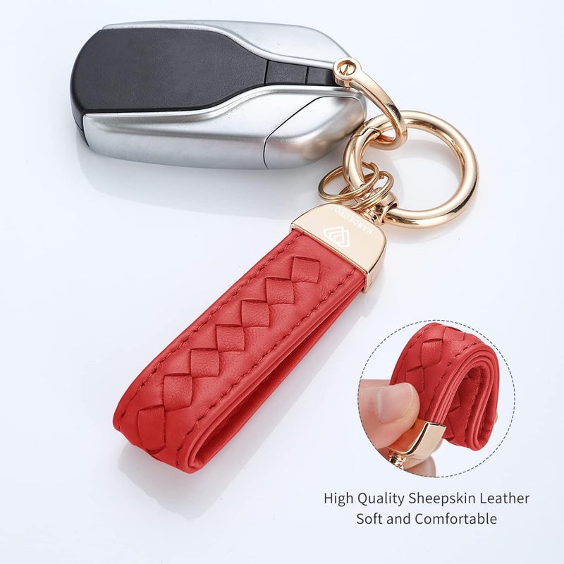 Hamdecro Store Genuine Leather Keychains, Handmade Knit Sheepskin Car Key chains for Women, Universal Key Fob Holder with 360 Degree Rotatable, Anti-Lost D-Ring, 2 Keyrings and 1 Screwdriver – Red - Image 2